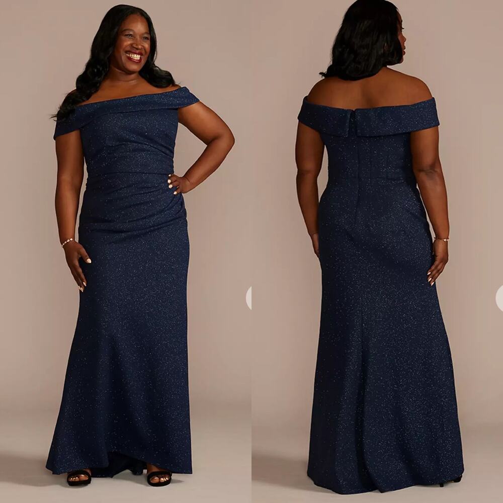 Oleg Cassini Navy Blue Off The Shoulder Draped Knit Sheath